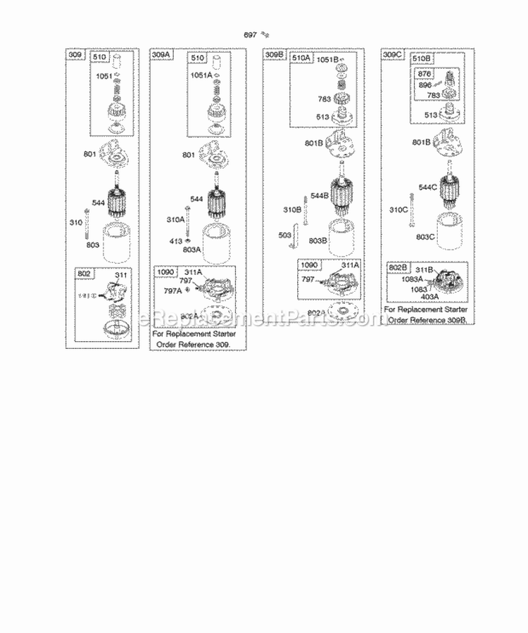 Electric Starter Diagram and Parts List for 303777-1114-E1  Briggs and Stratton Engine